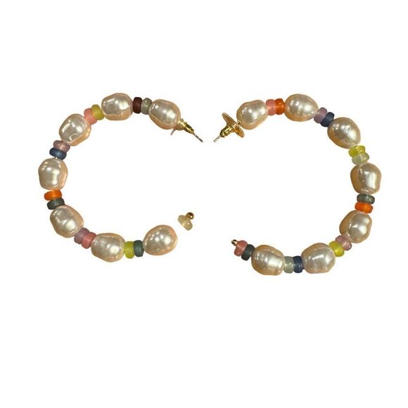 NWOT INC Gold-Tone Large Multicolor Bead & Imitation Pearl C-Hoop Earrings, 2.5 - Picture 2 of 4